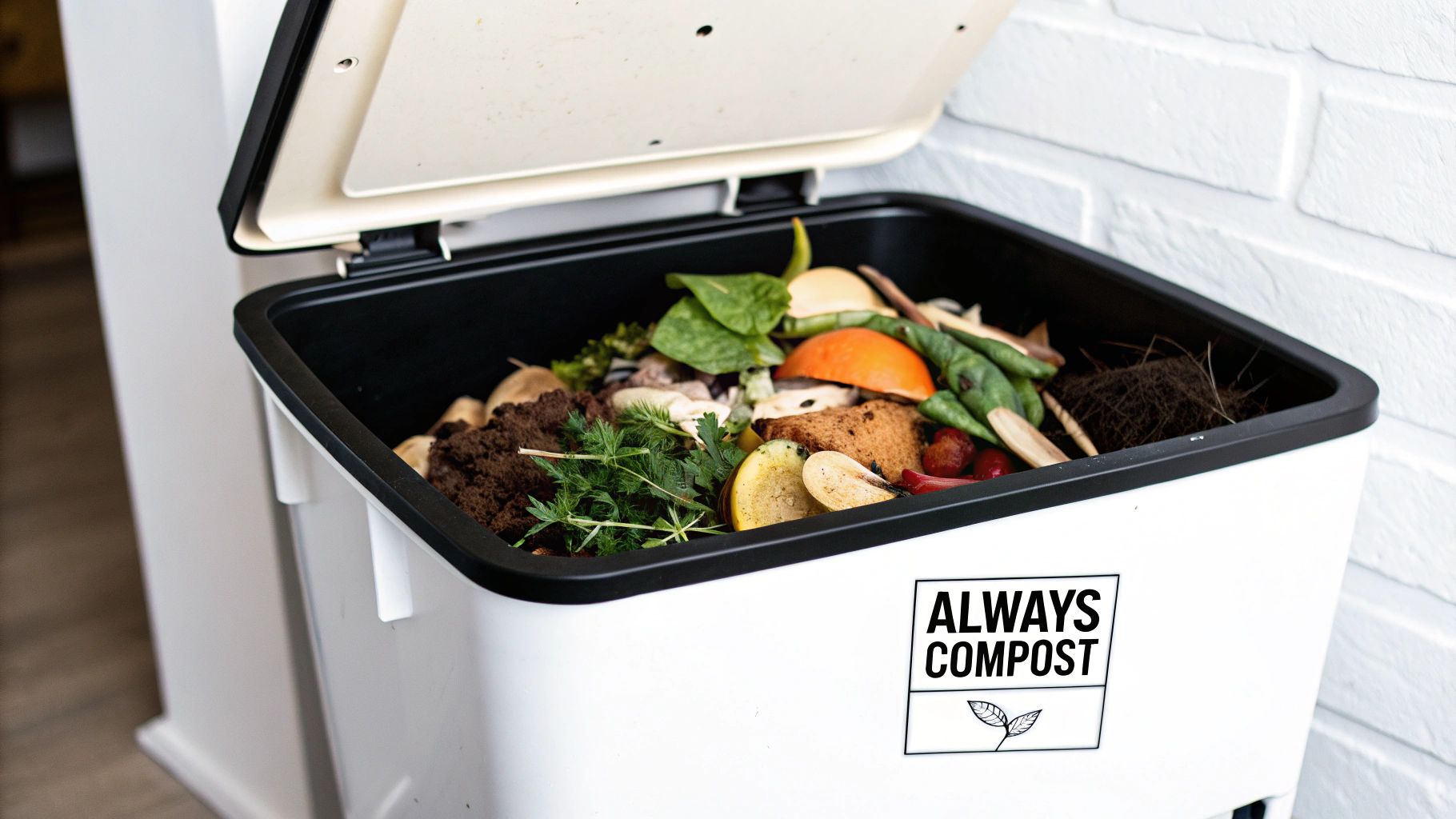 A person holding citrus peels, onions, and other food scraps with caution before composting.