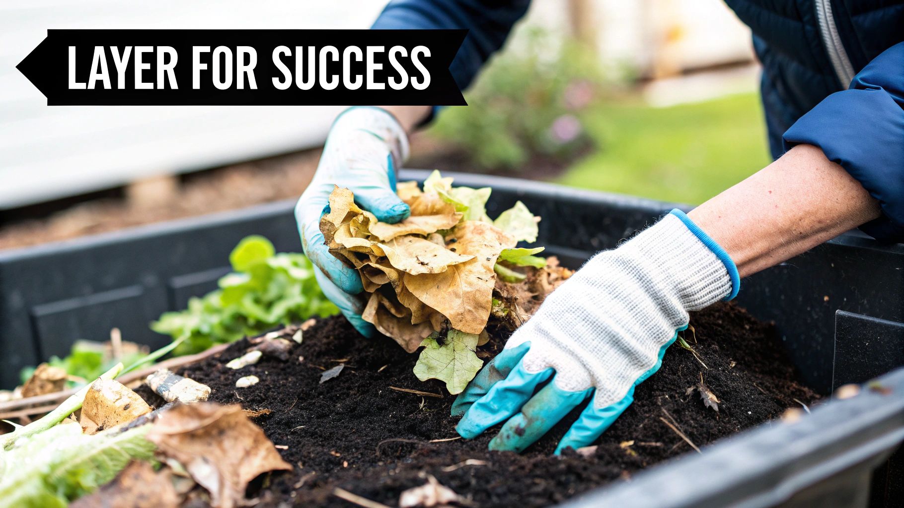A person layering brown leaves and green kitchen scraps in a compost bin.
