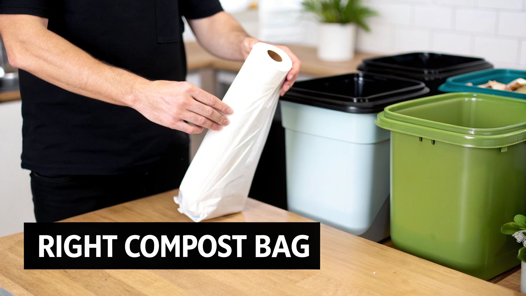 Person holding white compostable bag liner next to colorful kitchen recycling bins on counter