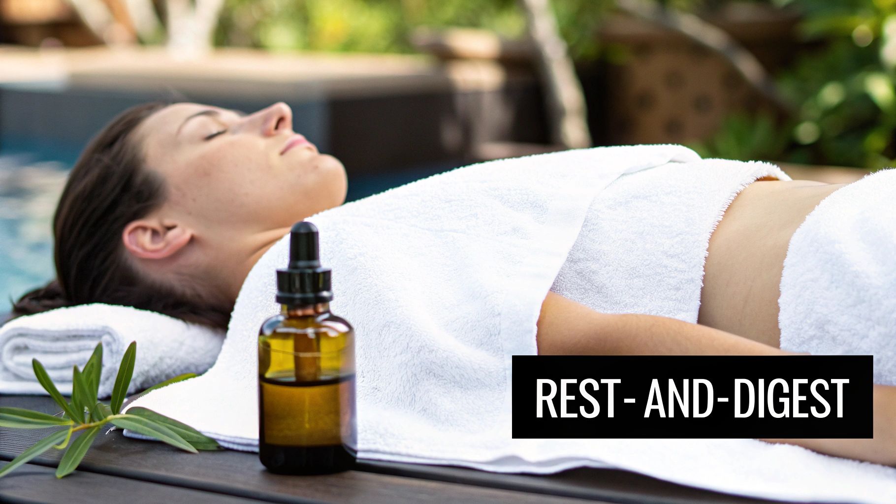 A woman relaxing with a castor oil pack placed on her abdomen.
