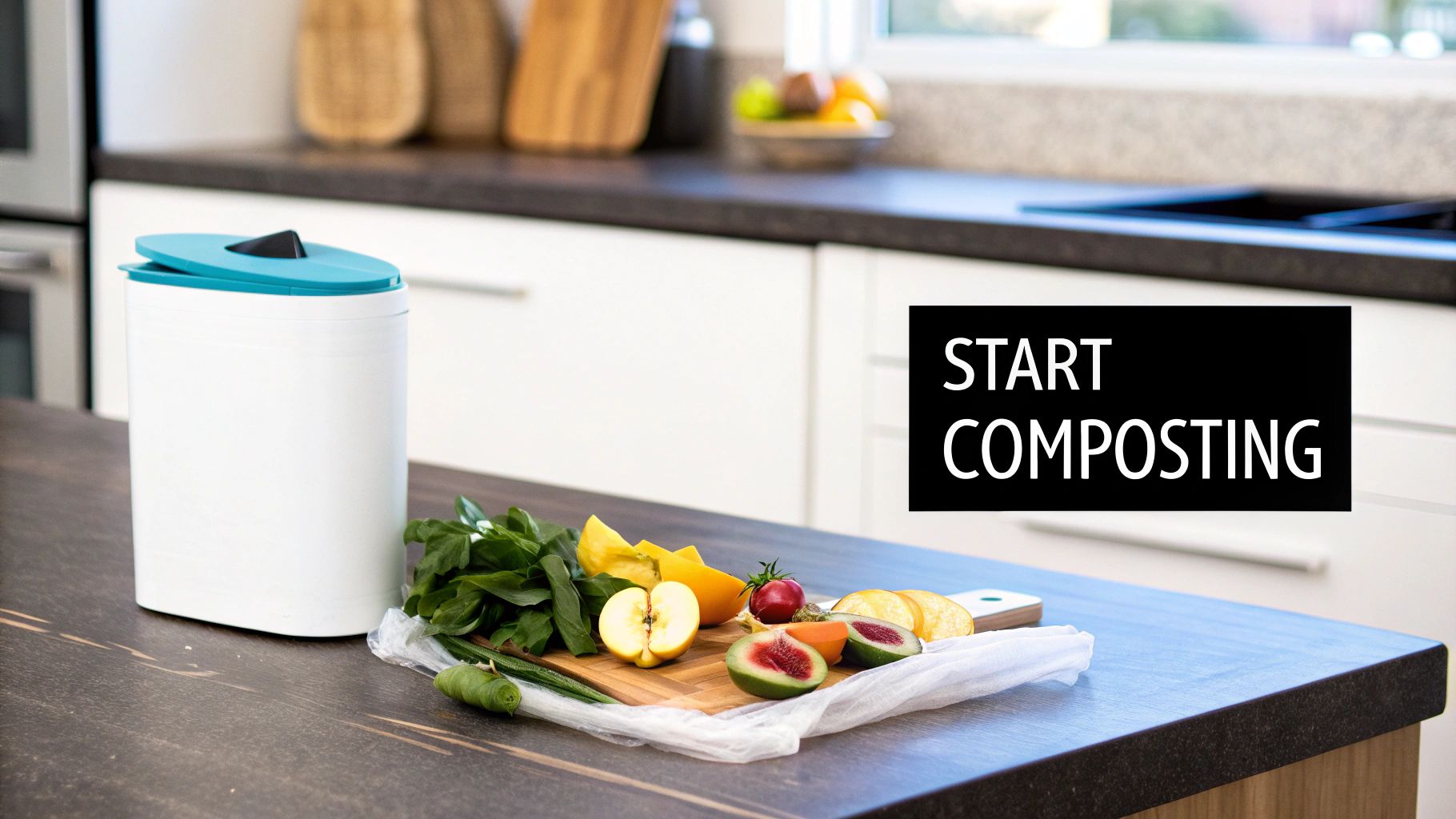 Kitchen countertop with compost bin and fresh fruit and vegetable scraps ready for composting