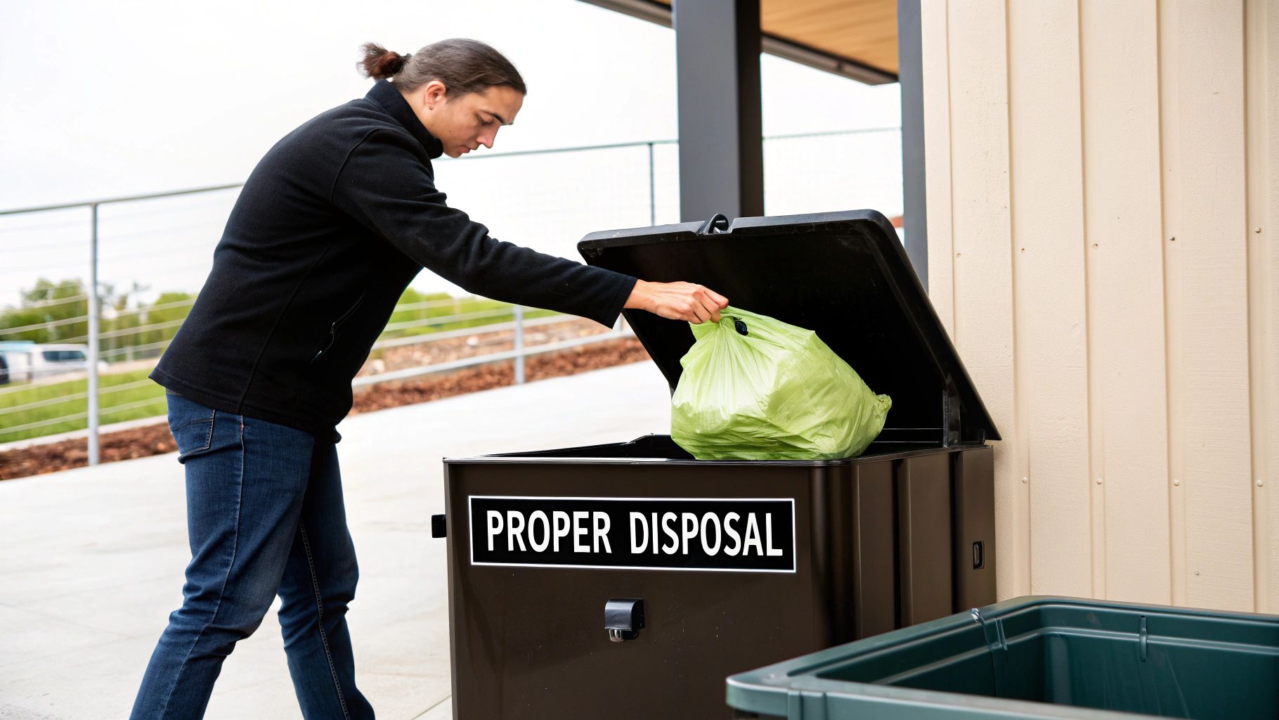 A man disposes of a light green bag into a brown bin labeled "PROPER DISPOSAL" outdoors.