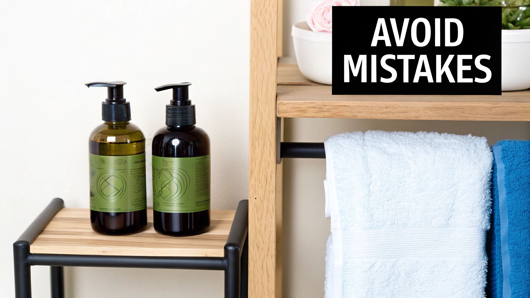 A woman looking frustrated while trying to wash oil out of her hair.