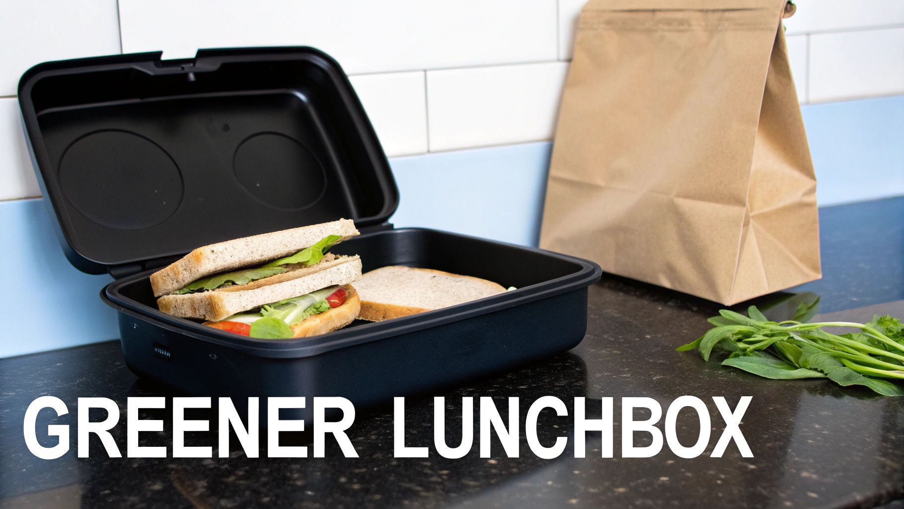 A person packing a sandwich into a compostable bag, with fresh ingredients on a kitchen counter nearby.