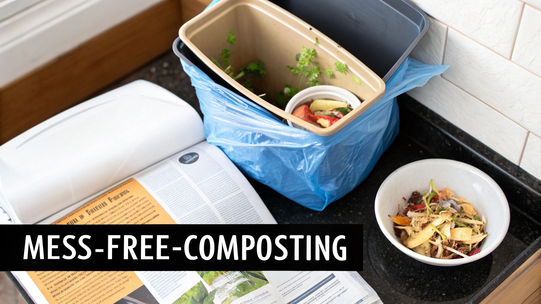 Kitchen countertop setup showing compostable bag in bin with food scraps and fresh herbs