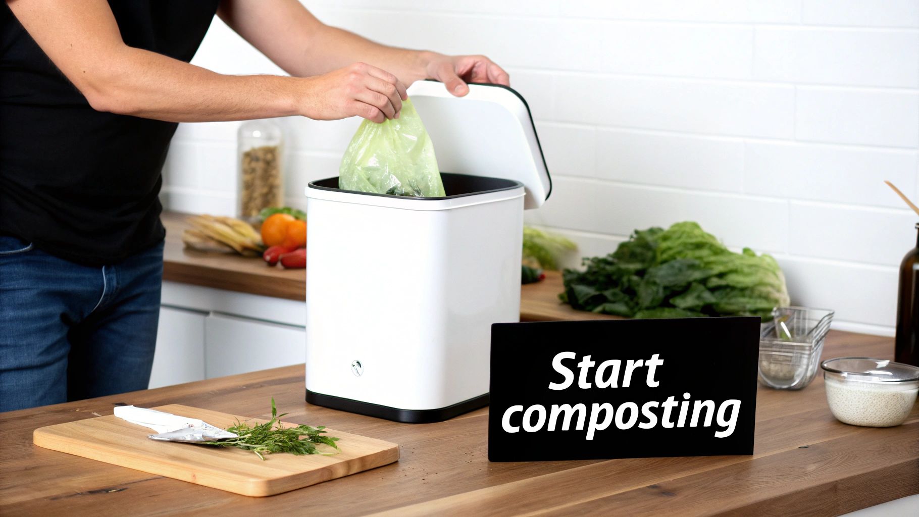 A hand holds up a single green leaf against a soft, out-of-focus background of nature.