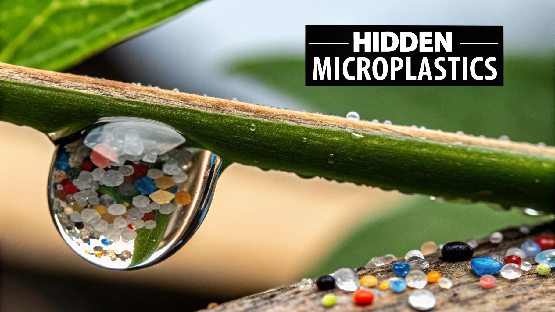 Microscopic view of plastic fragments floating in water, representing the hidden danger of microplastics.