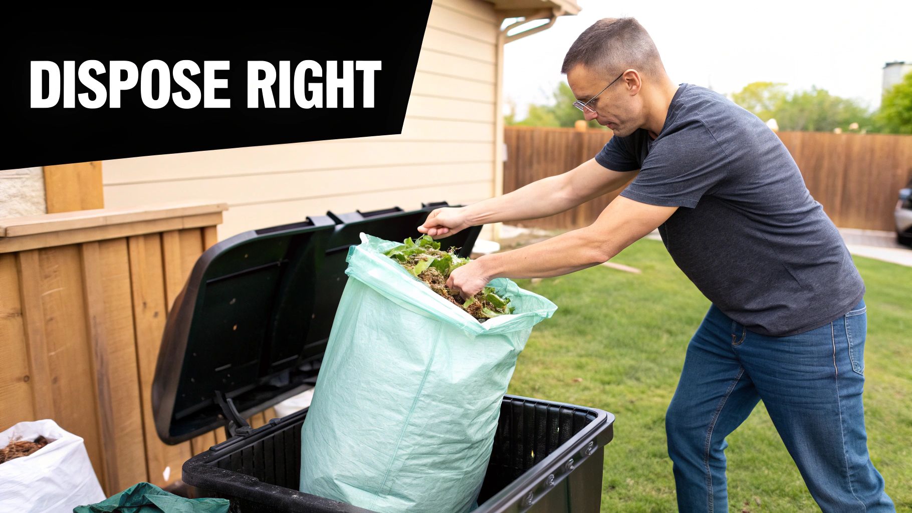 Man disposing organic kitchen scraps into compost bin using green compostable yard waste bag