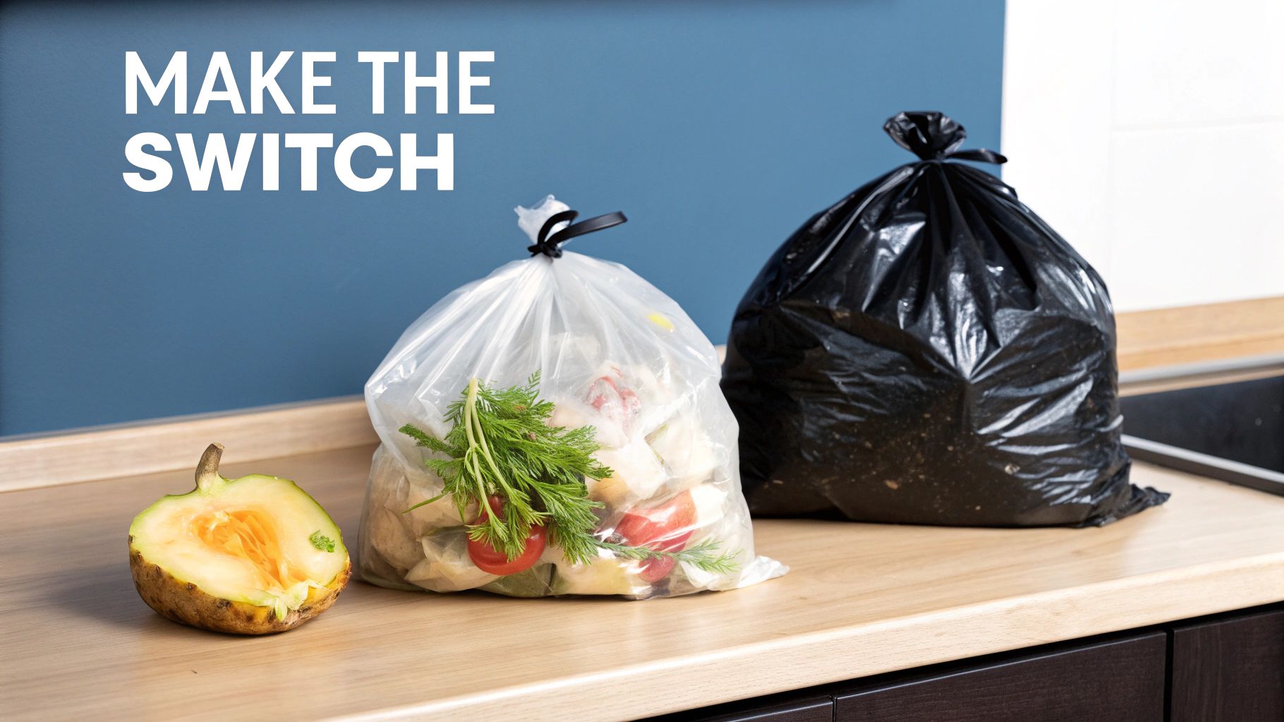 A person's hands holding a green compostable trash bag filled with kitchen scraps like eggshells and vegetable peels, with a lush garden in the background.