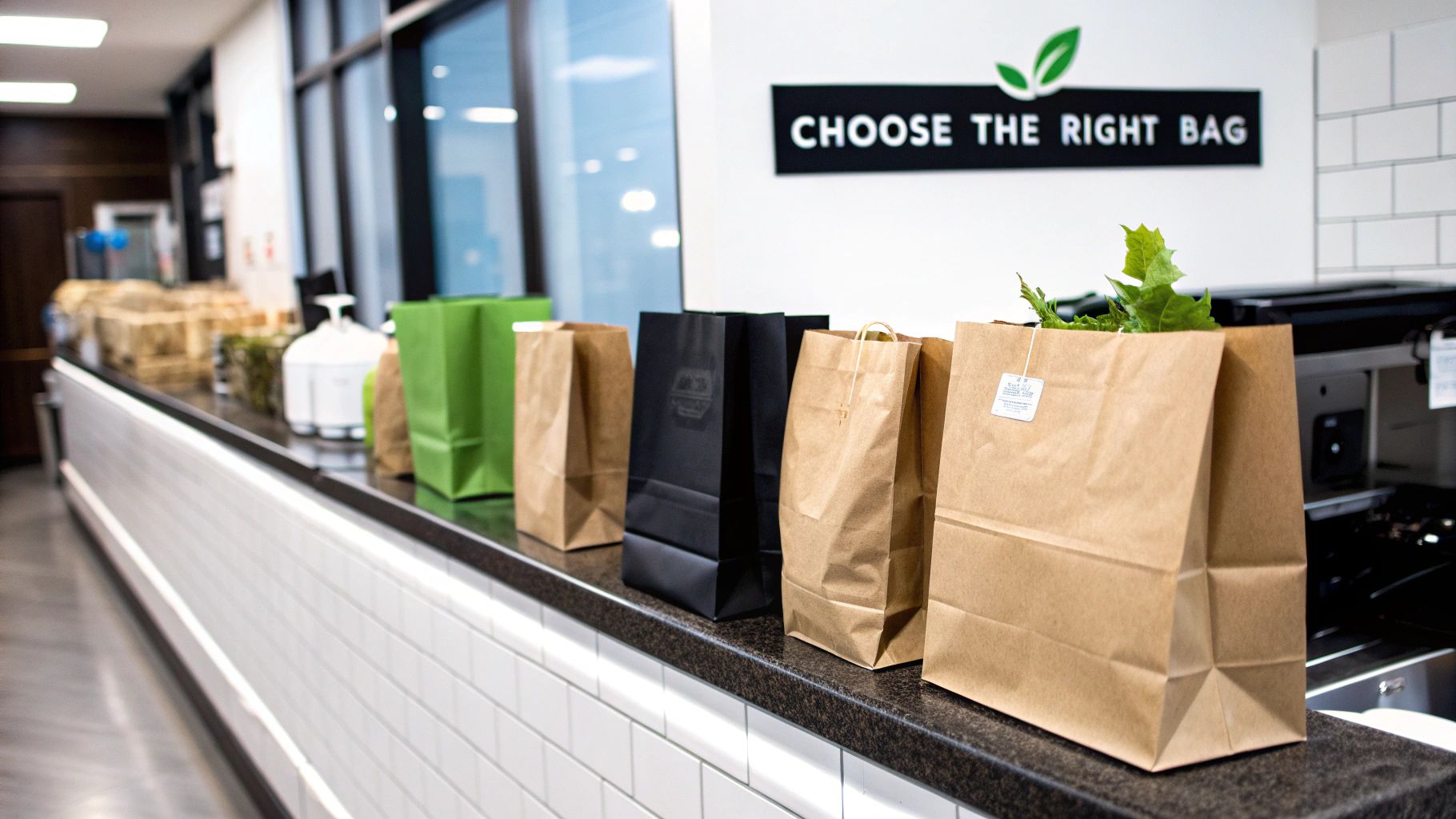 A person holding a compostable bag in a grocery store, comparing different options.