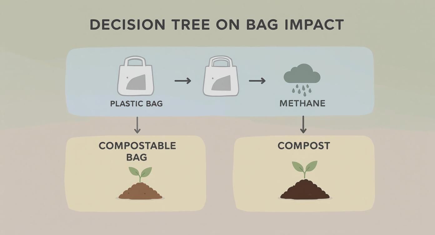 Decision tree diagram comparing environmental impact pathways of plastic bags versus compostable bags with methane and composting outcomes