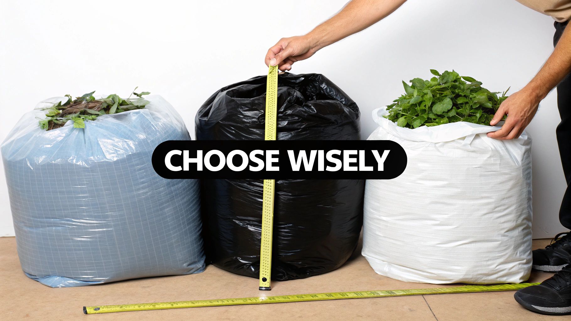 Person measuring three different colored compostable yard waste bags filled with plant trimmings and greenery