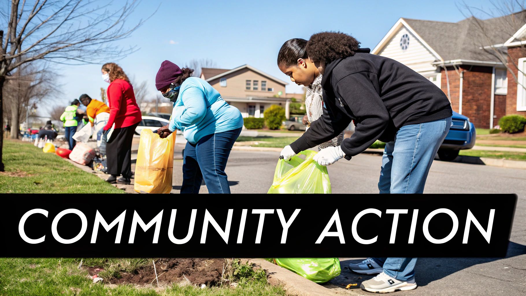 People working together in a community garden, sorting compost and planting vegetables, symbolizing community action for sustainability.