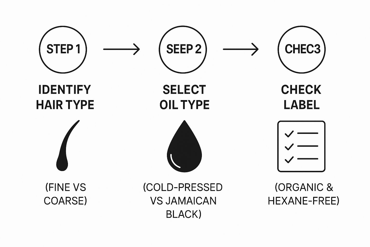 Infographic showing a three-step process for choosing castor oil for hair