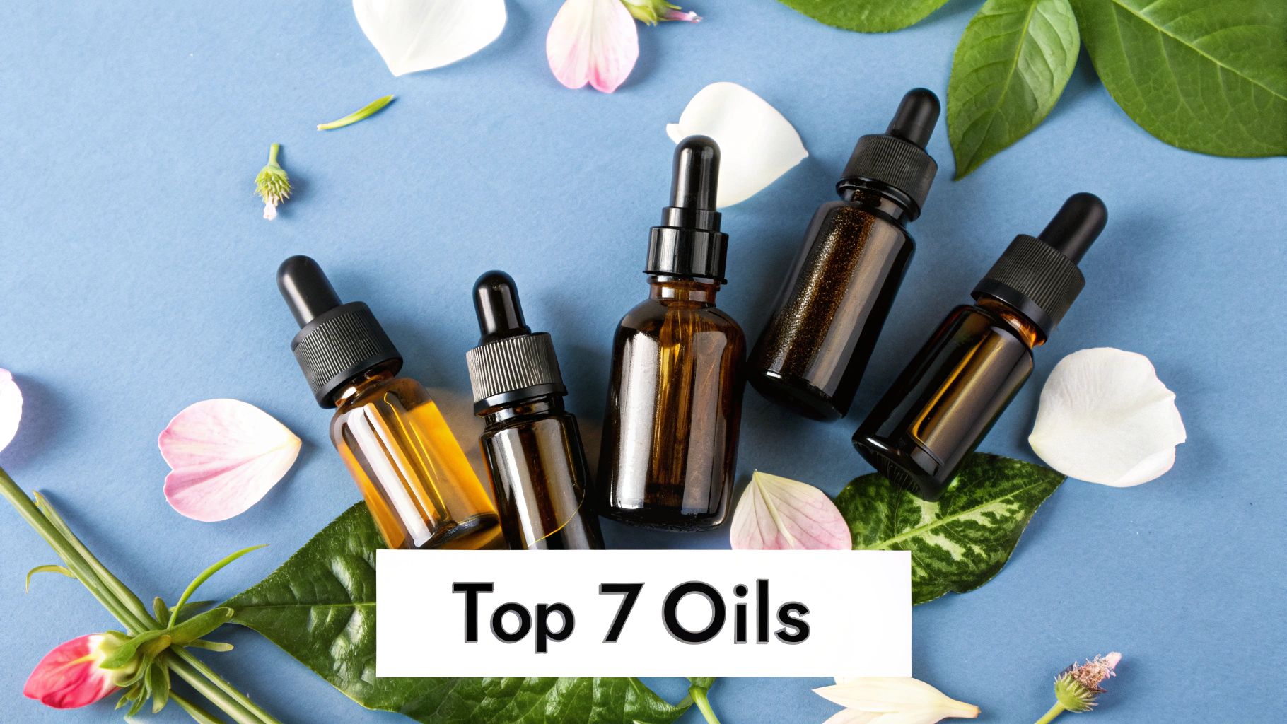 A vibrant image showing several natural oils like argan, rosehip, and coconut in small glass bowls, surrounded by their source ingredients like nuts, seeds, and flowers.