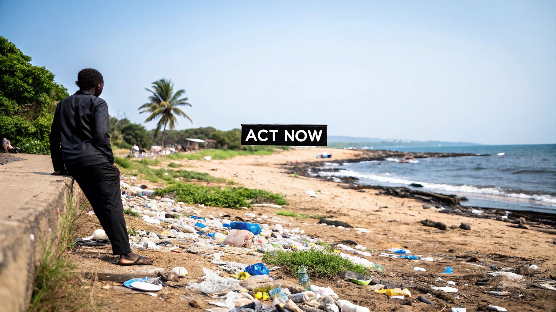 A large landfill with waste being managed by heavy machinery, showing the scale of the global waste problem.
