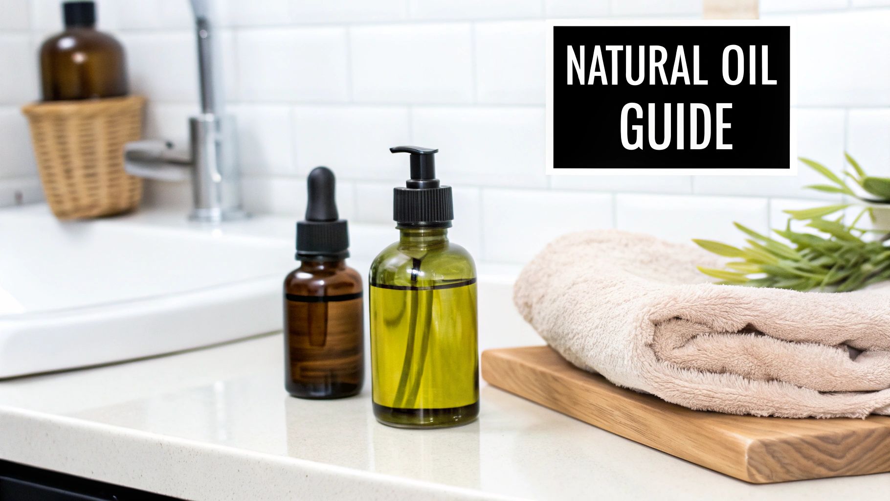 A collection of natural oils in glass bottles with droppers, surrounded by botanicals, emphasizing their organic origin