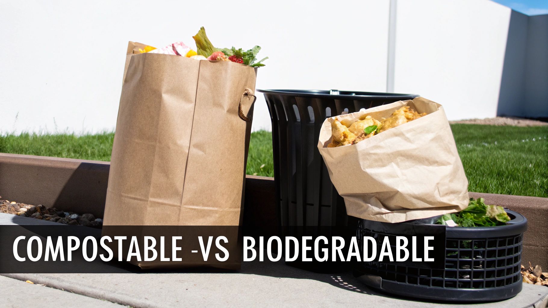 A compostable trash bag filled with food scraps, showing its intended use.