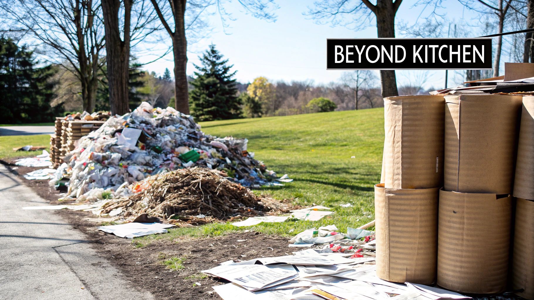 A pile of dry leaves, twigs, and grass clippings next to a compost bin in a yard.