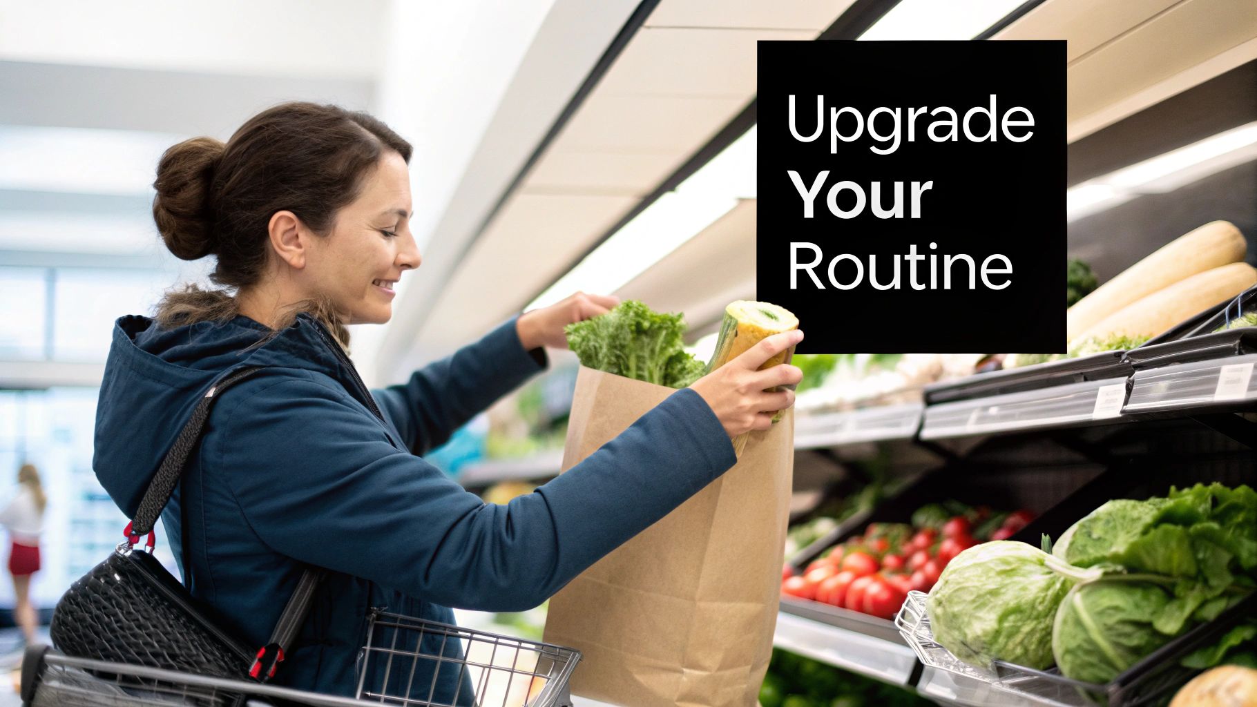 Woman placing fresh leafy greens into paper bag while grocery shopping at produce section