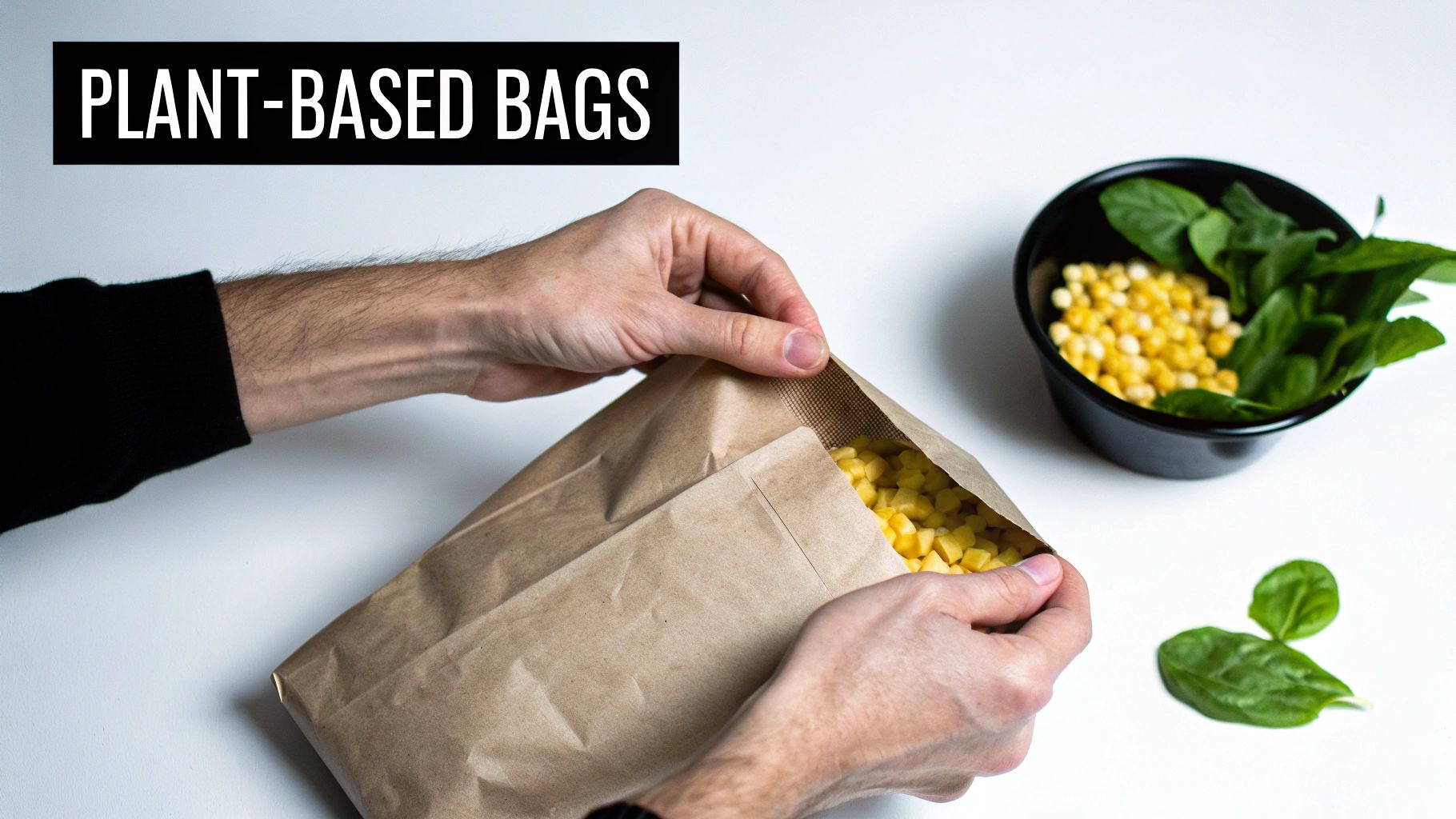 A close-up of a corn cob next to a compostable sandwich bag, illustrating the link between the plant-based material and the final product.