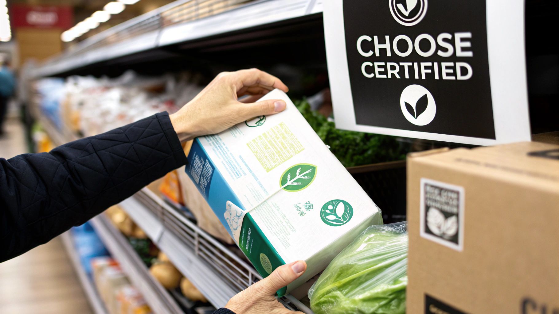 A person holding a compostable garbage bag with a certification logo visible.