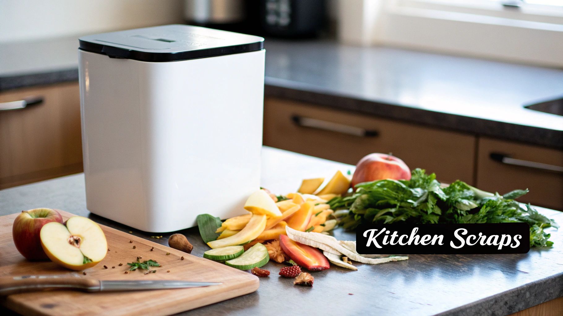 A white kitchen compost bin on a counter surrounded by various fruit and vegetable scraps, ready for composting.