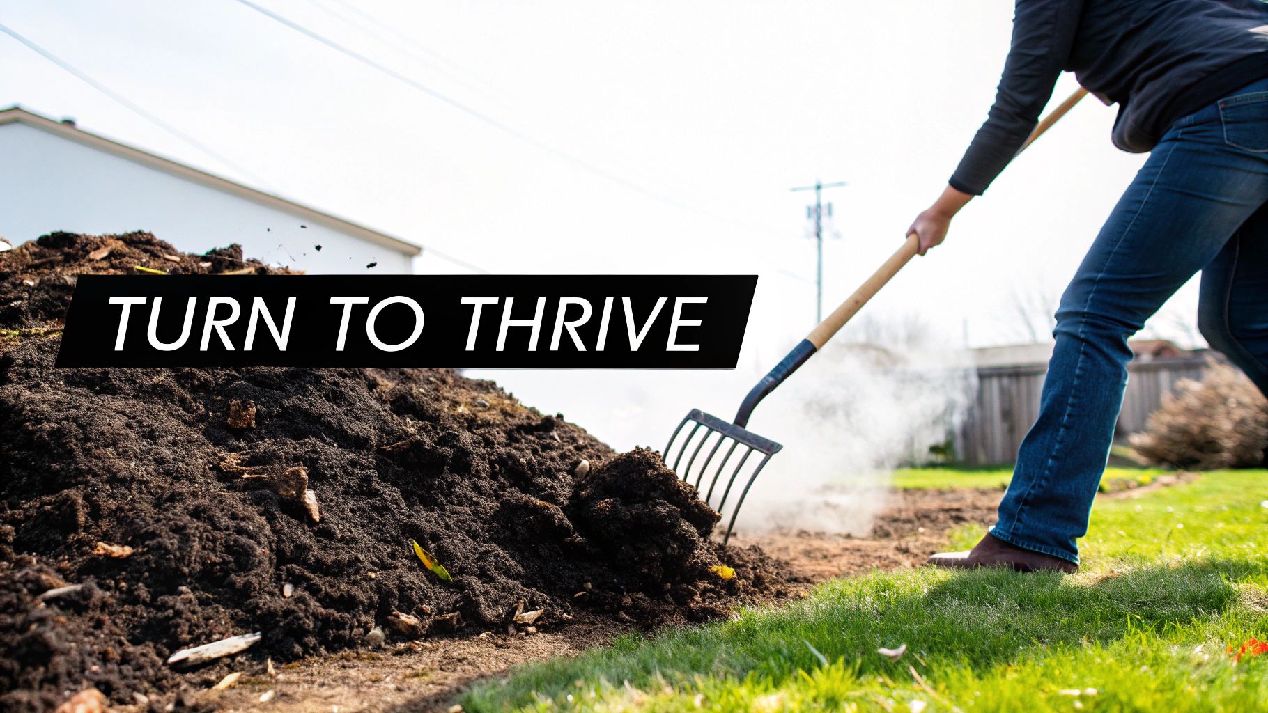 A person turning a compost pile with a pitchfork, showing steam rising from the center.