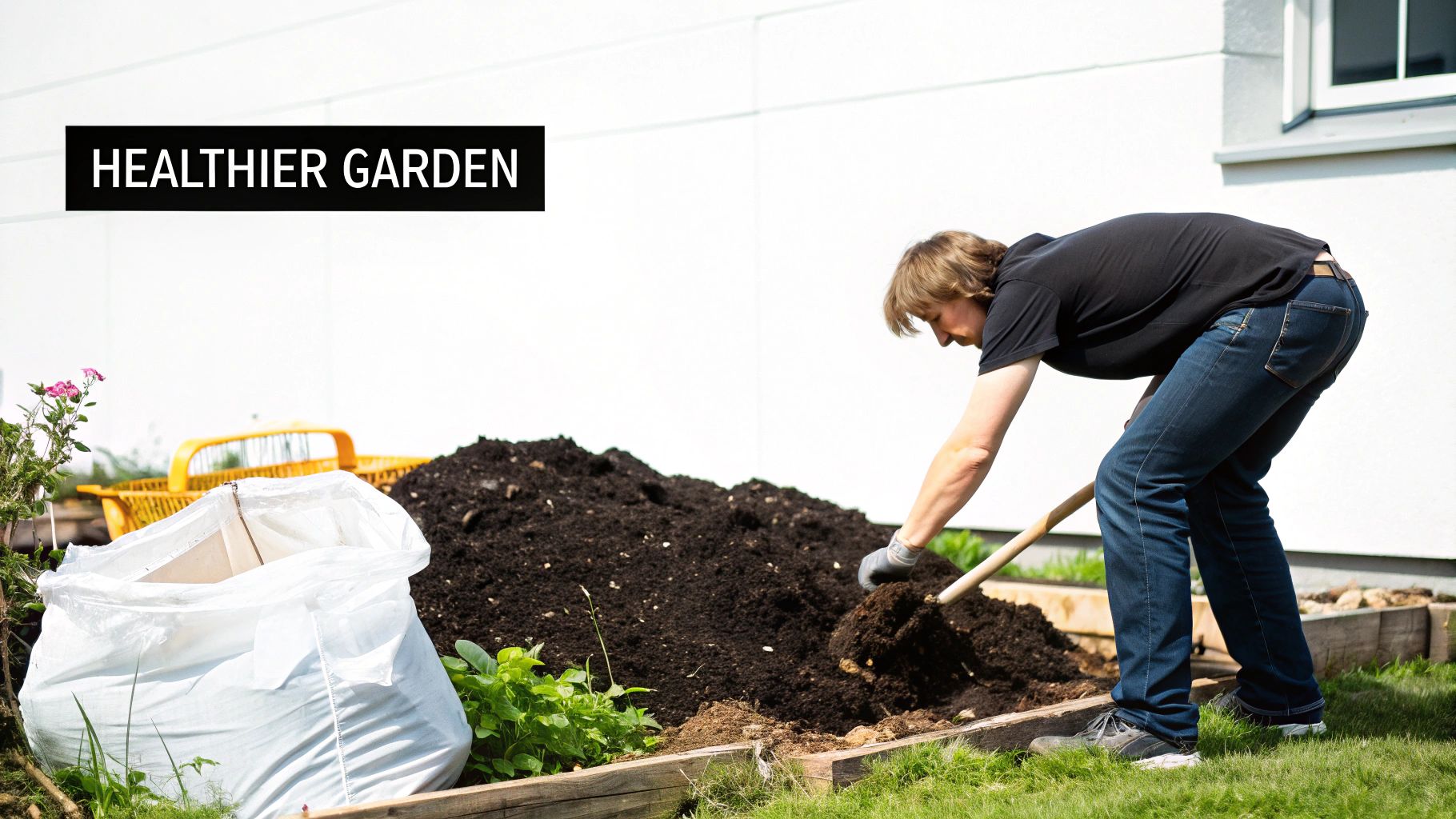 A person holding a certified compostable lawn and leaf bag, pointing to the certification logo.
