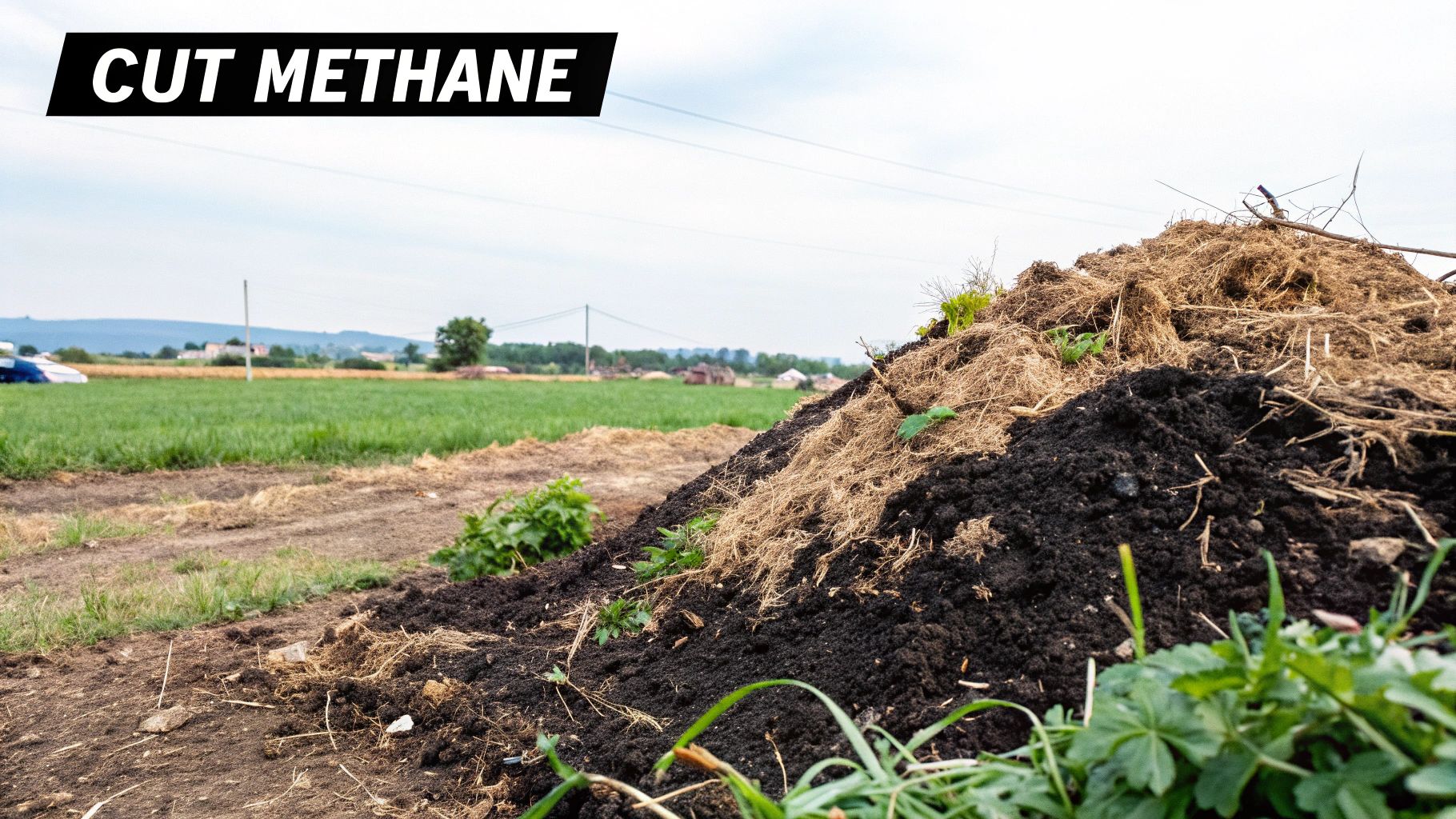A person holding a handful of rich, dark compost, showing its soil-like texture.