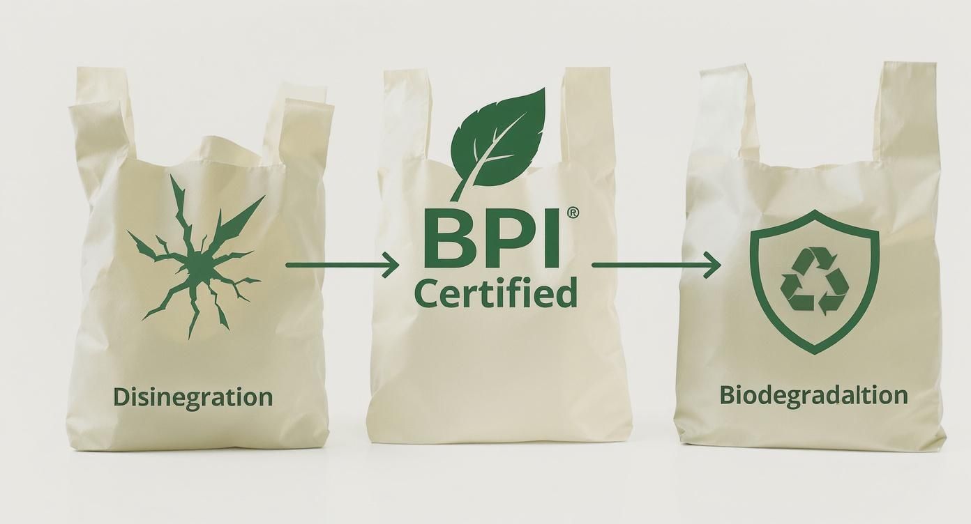 Three beige bags illustrating the BPI Certified disintegration and biodegradation process for compostable products.