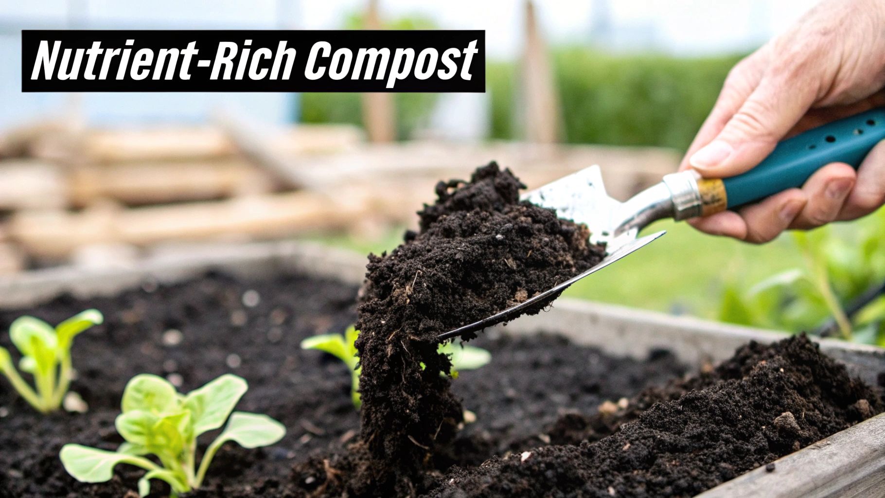 Lush, dark compost being held in cupped hands, showing its rich texture and readiness for gardening.