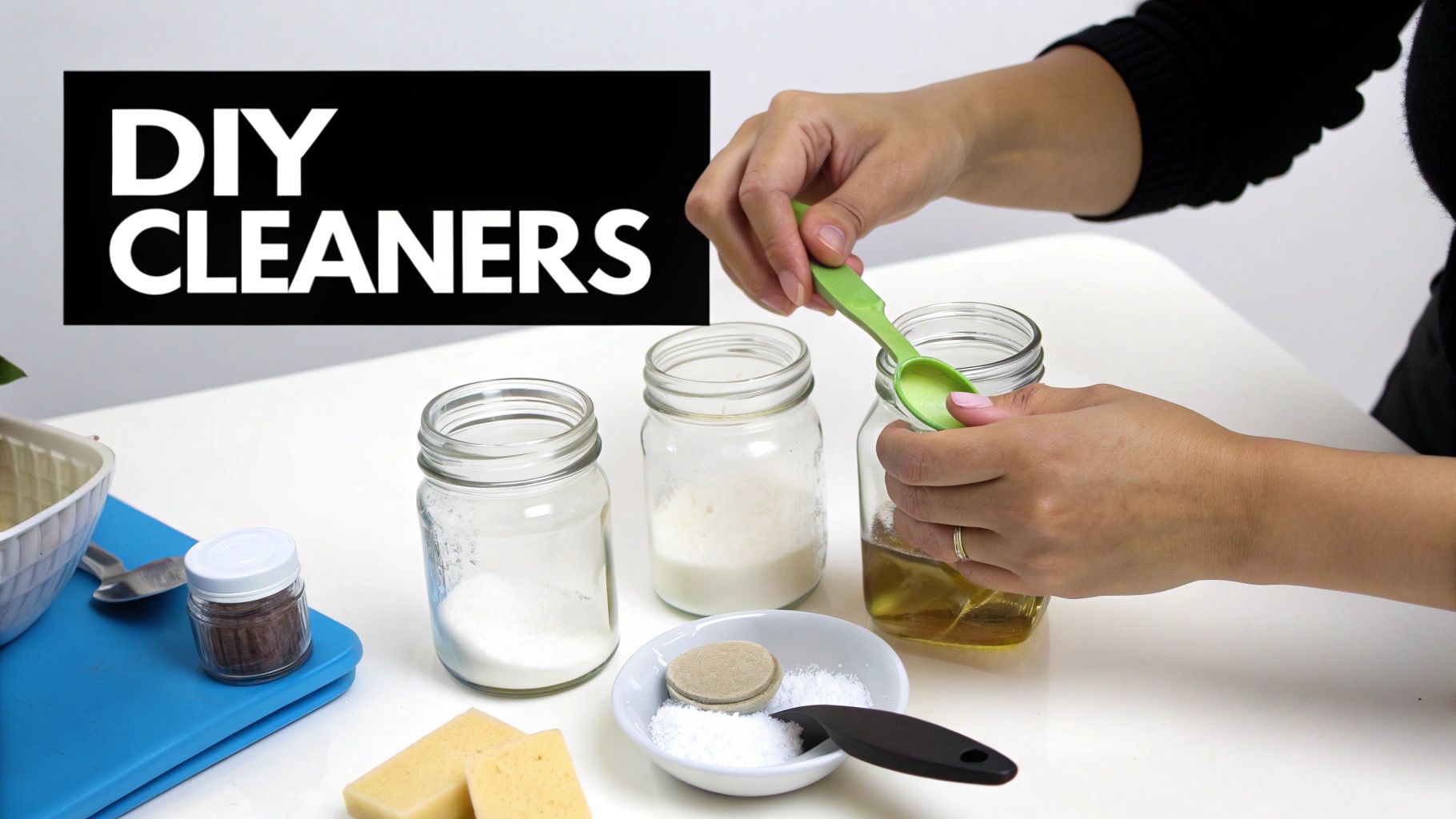 A person mixes ingredients in jars for homemade DIY cleaners on a white table.