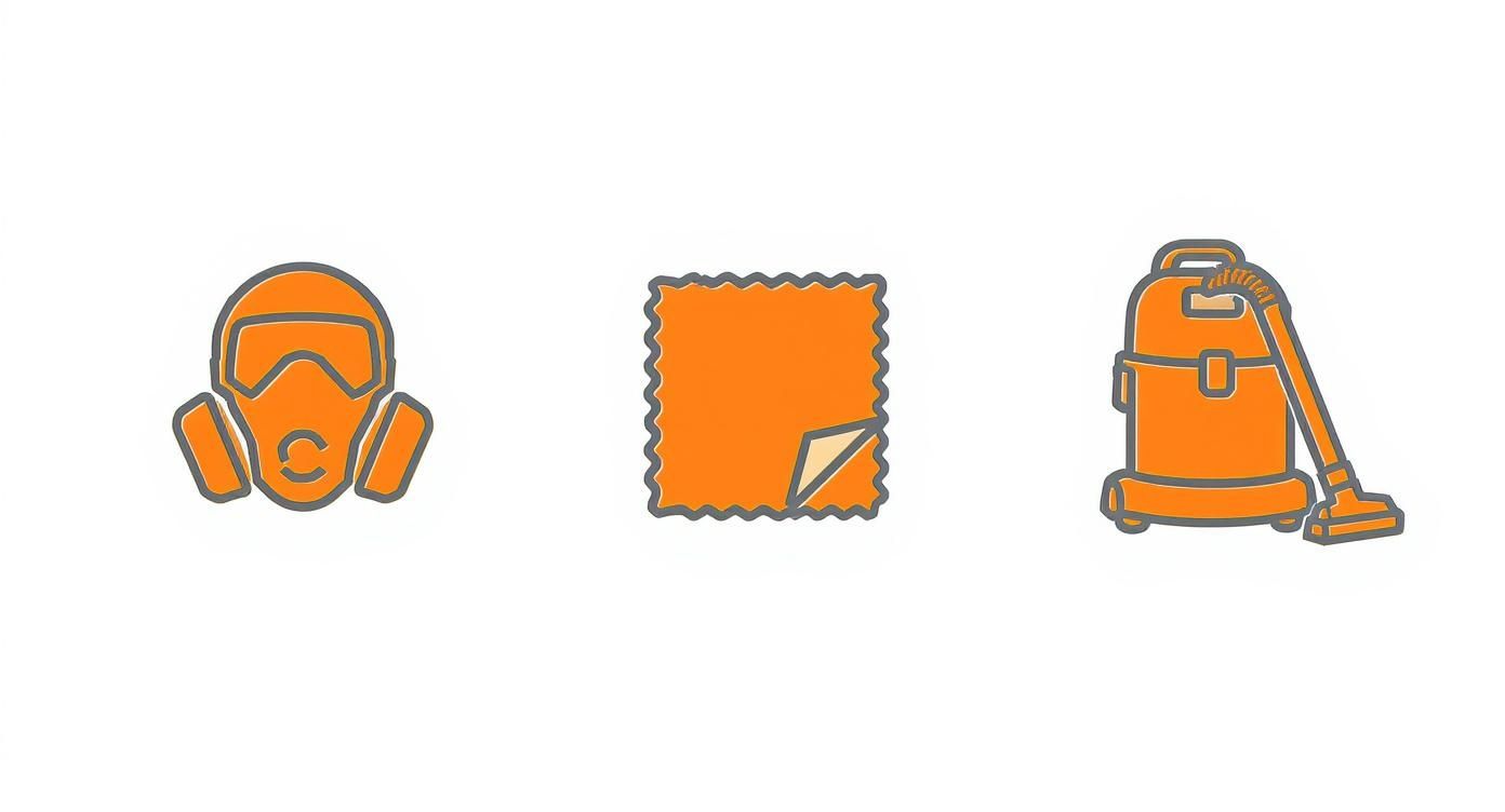 Infographic showing the essential cleaning tools for post-construction cleanup safety mask, microfiber cloth, and shop vac.