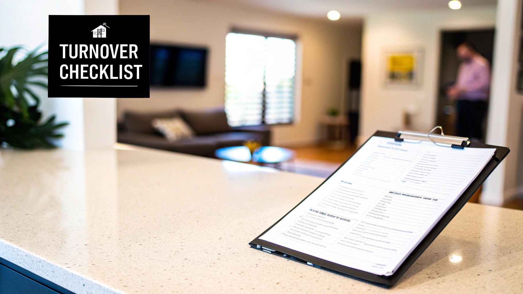cleaning services for rental properties turnover checklist Turnover checklist on clipboard on counter in furnished rental property living room