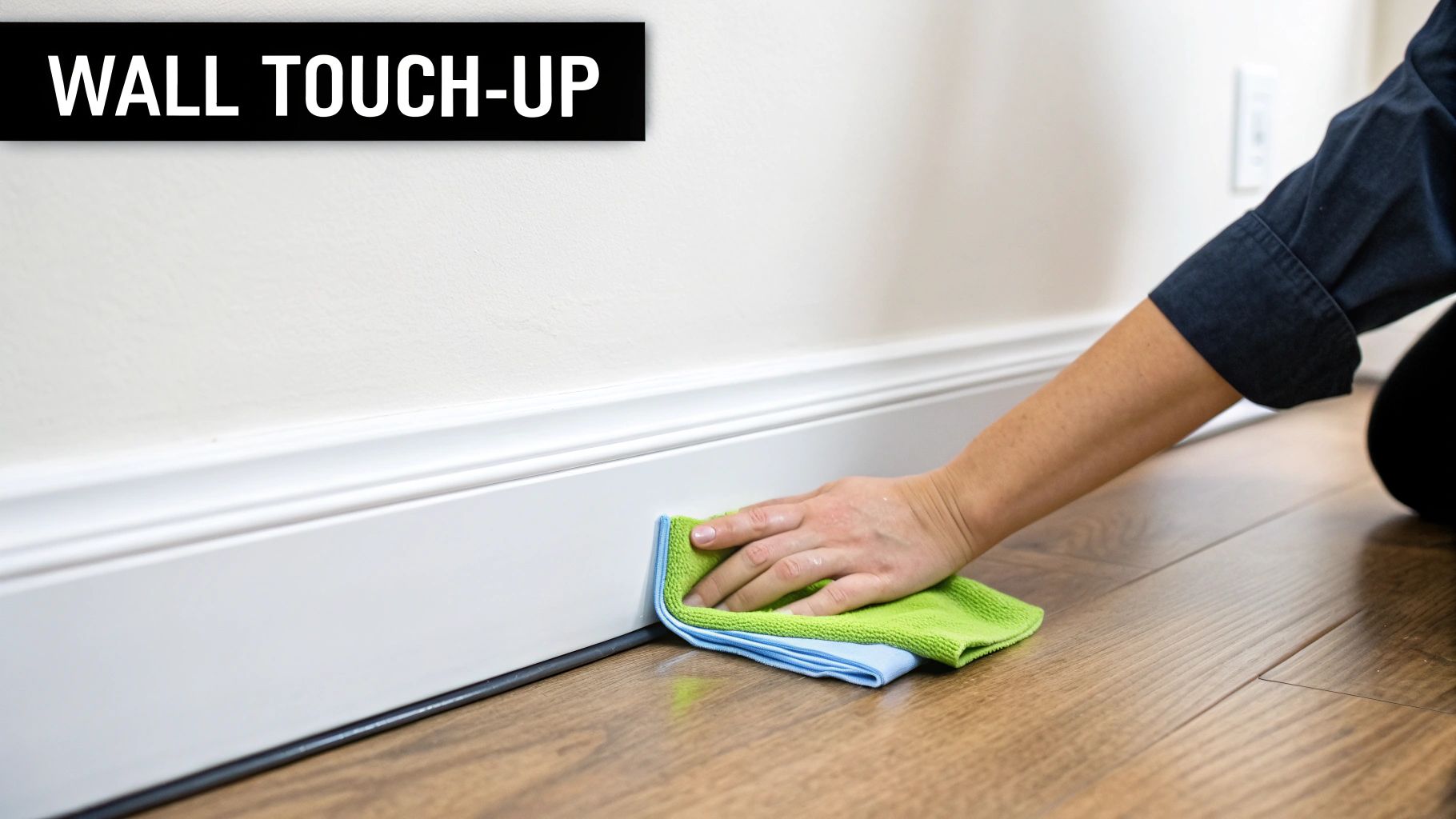A person using a sponge mop to clean a white wall, demonstrating an effective method for deep cleaning walls.