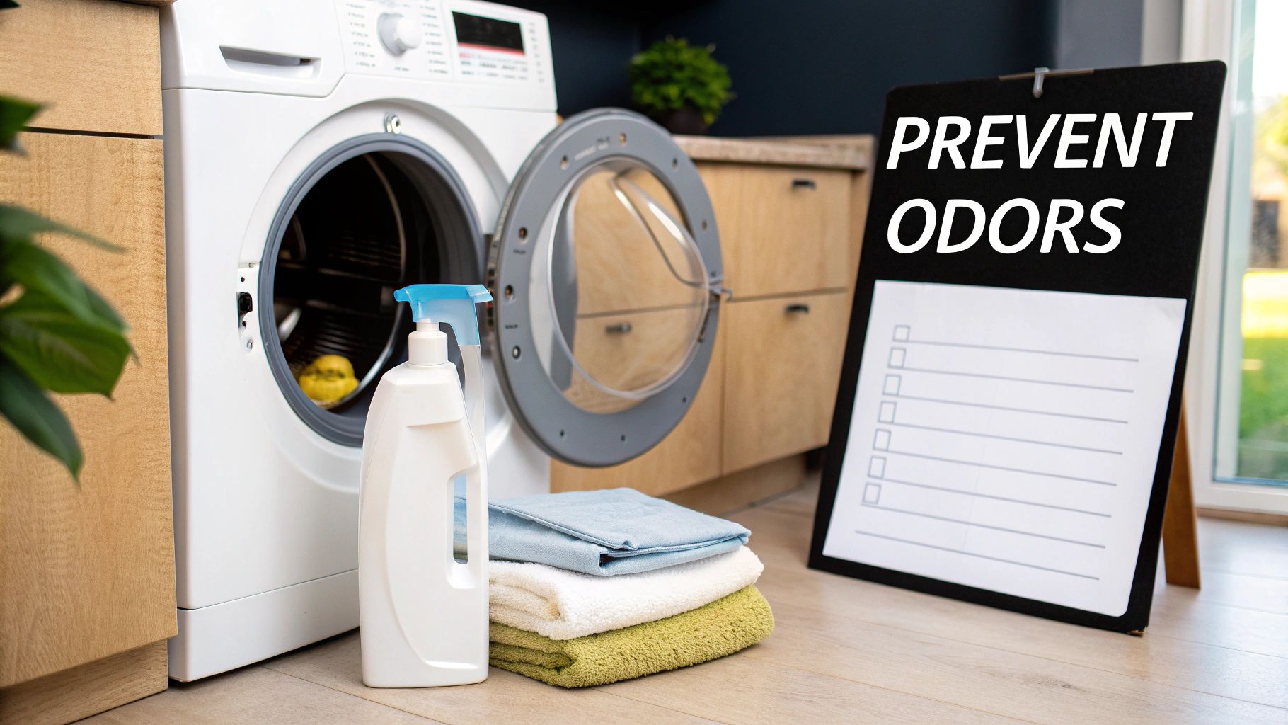 A person wiping the inside of a clean washing machine drum with a cloth.