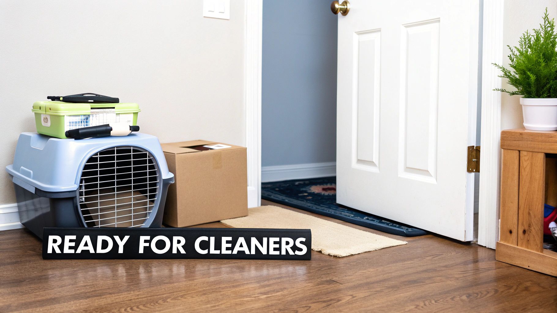 A pet carrier, box, and 'READY FOR CLEANERS' sign on a wooden floor, indicating preparation for home cleaning.
