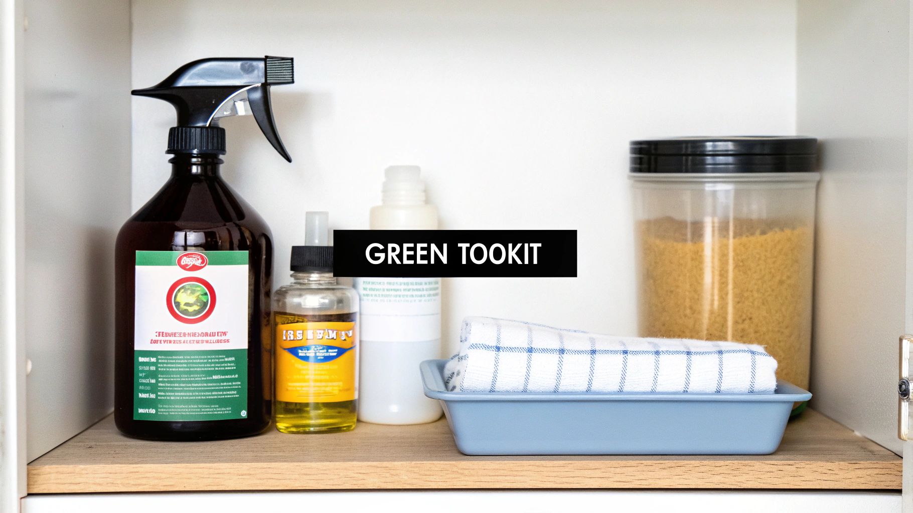 Eco-friendly cleaning supplies organized on wooden shelf including spray bottle and natural products