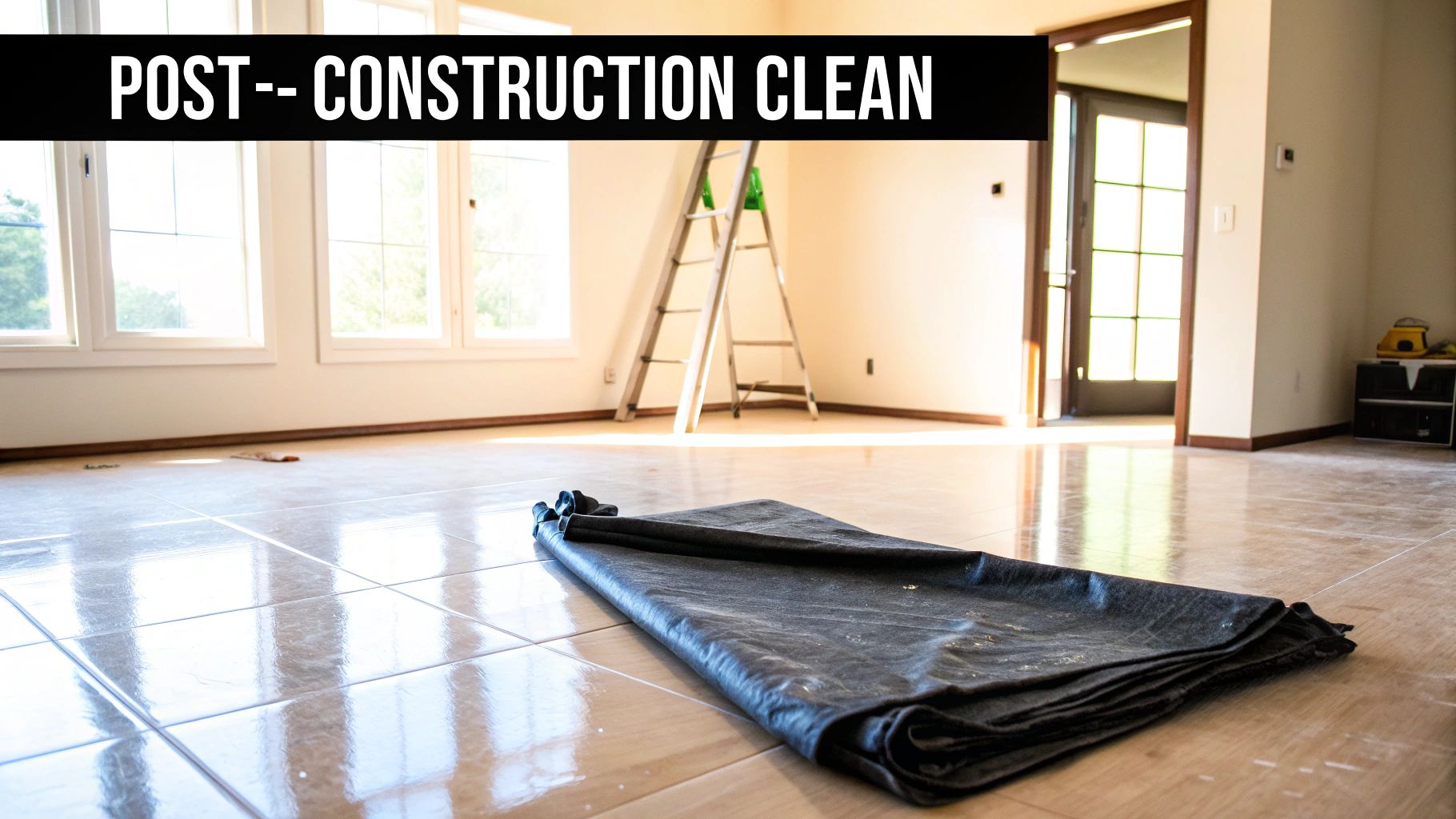 A bright, empty room with a ladder and a tarp on the tiled floor, indicating post-construction cleanup.