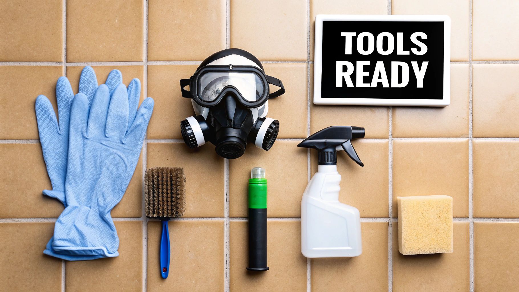 A collection of cleaning supplies and tools for caulk removal, including gloves, a mask, cleaners, and a caulk gun.