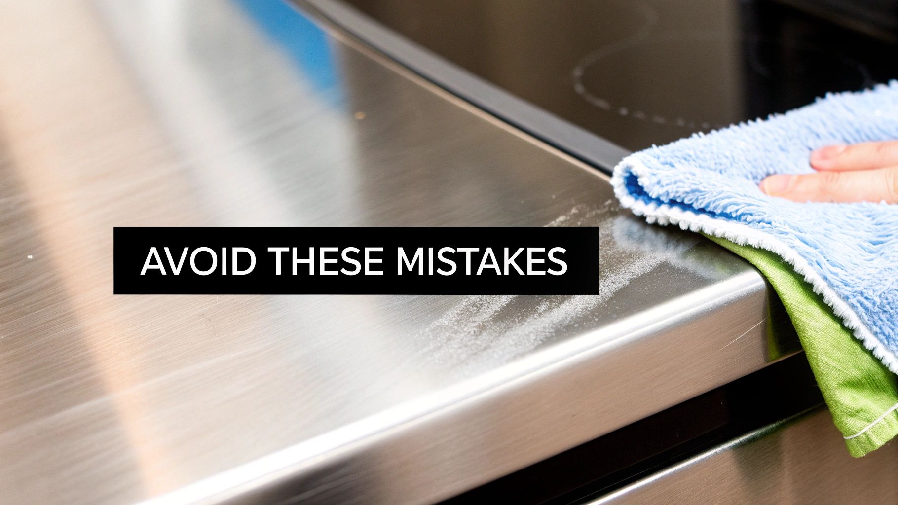 A hand wipes a stainless steel kitchen appliance surface with a blue microfiber cloth, removing white residue.