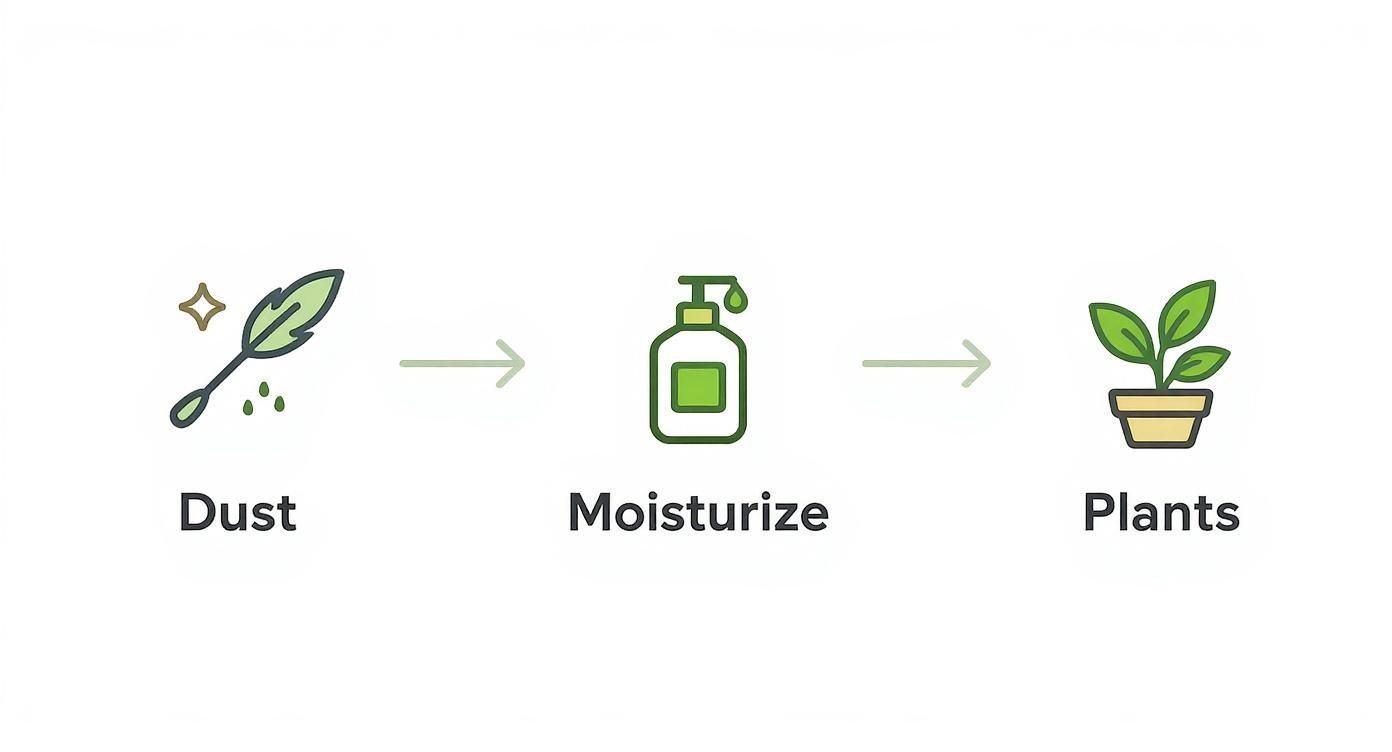Three-step plant care process showing dusting leaves, moisturizing with spray bottle, and healthy potted plant