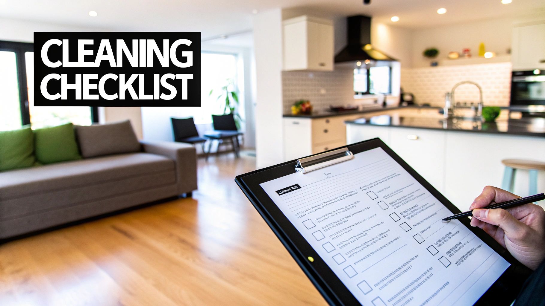 Professional holding cleaning checklist on clipboard in modern home with kitchen and living room
