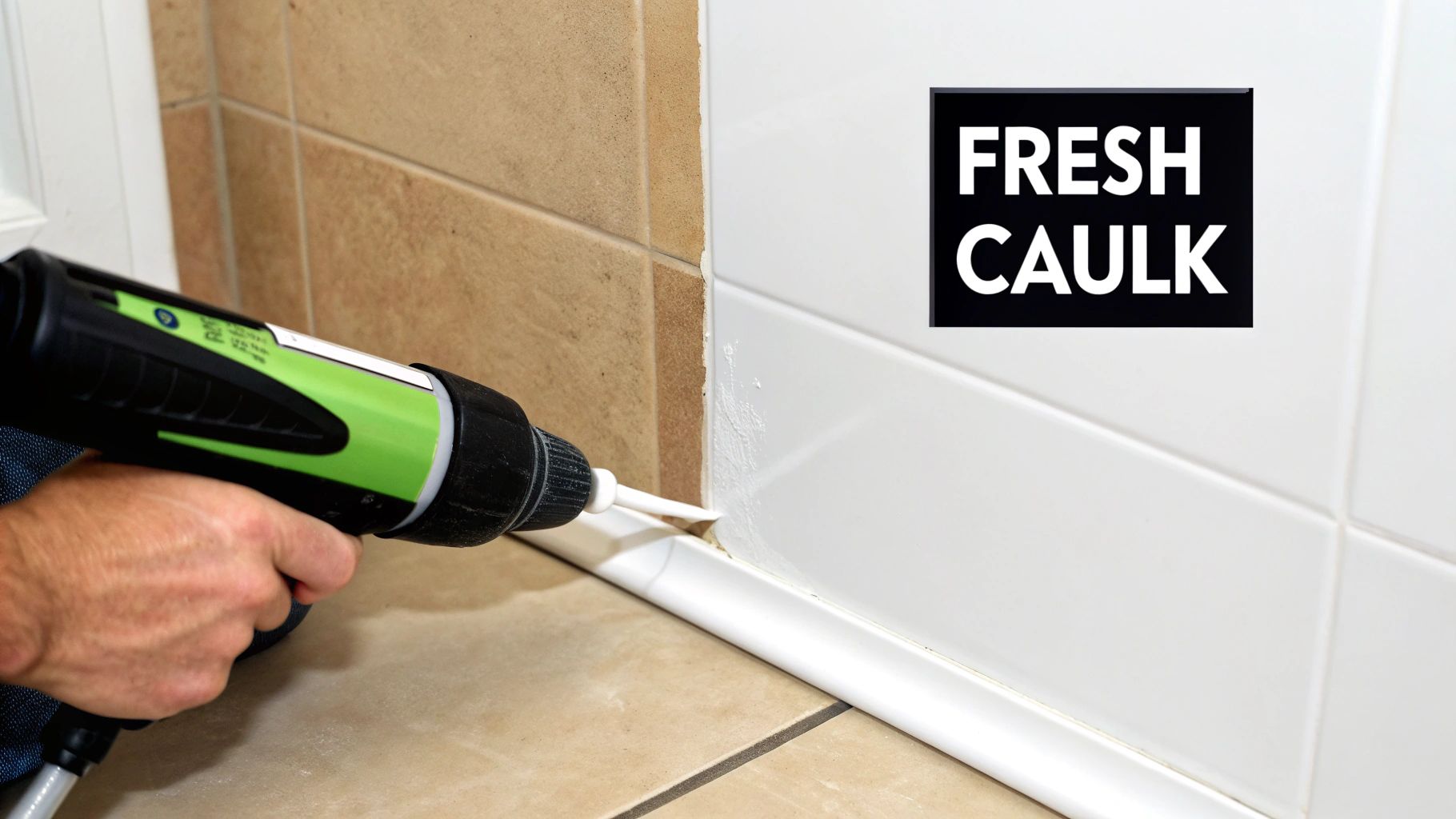 A person is applying fresh white caulk to a bathroom corner where a tiled wall meets the floor.