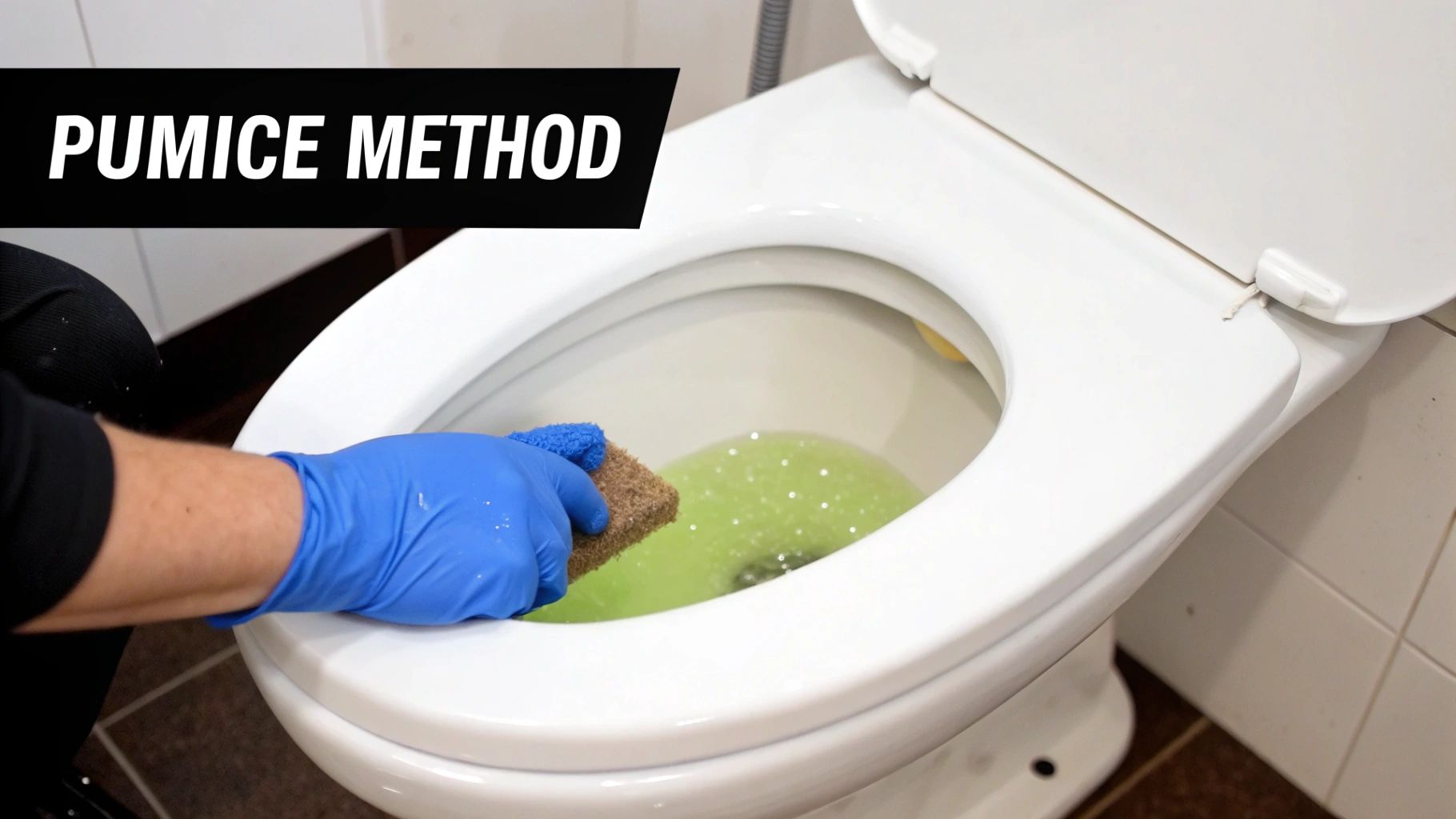 A person using a pumice stone to scrub the inside of a toilet bowl.
