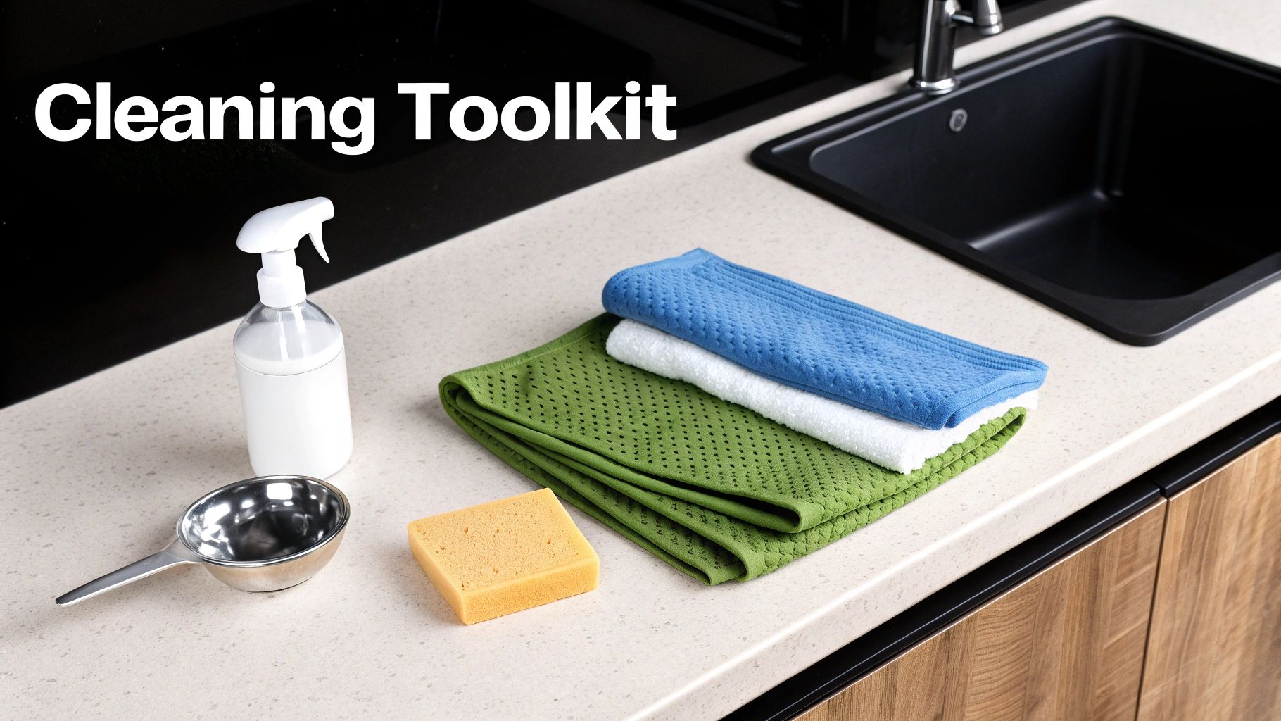 A white spray bottle, metal scoop, sponge, and colorful cleaning cloths on a kitchen counter near a black sink.