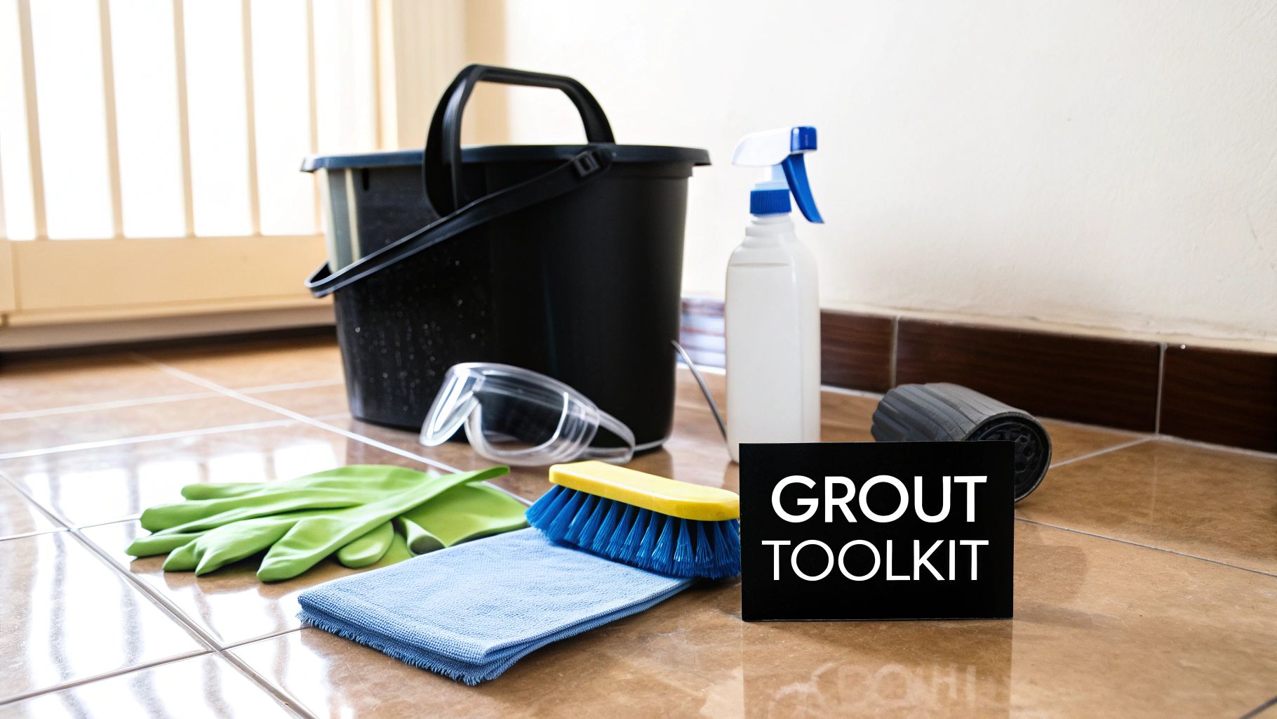 A comprehensive grout cleaning toolkit on a tiled floor, featuring a bucket, spray bottle, gloves, brush, and a roller.