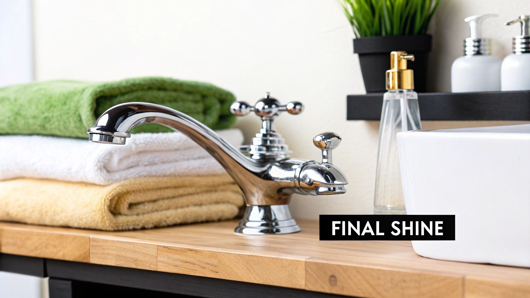 412cd3e9 e859 4845 b726 36c248de3f93 A bathroom with fresh white towels, a green plant, and neatly arranged toiletries, looking pristine and inviting.