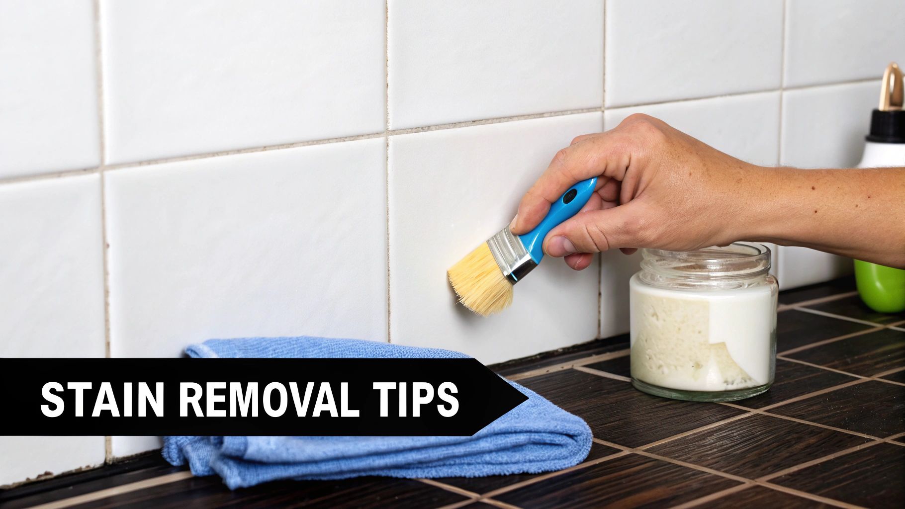 Close-up of a person using a sponge to clean white tiled bathroom walls